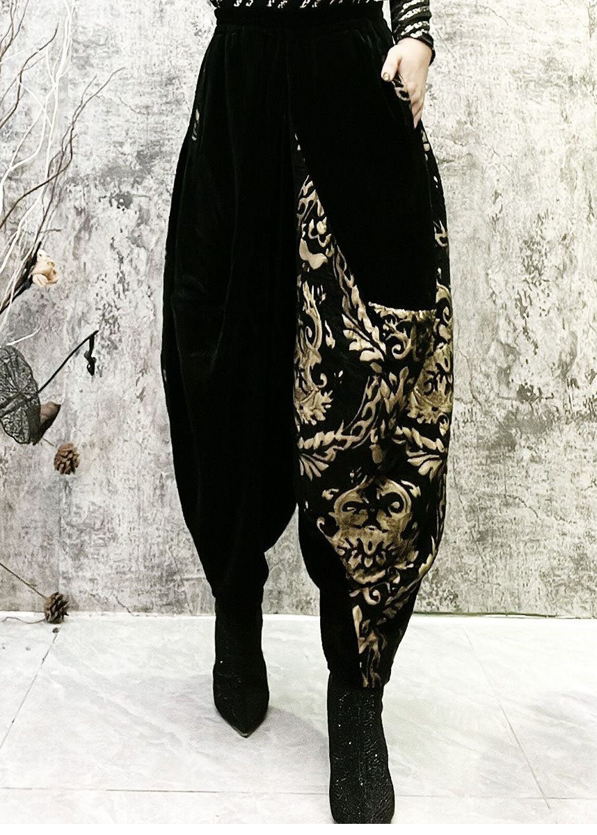 Black Embroideried Pockets Patchwork Corduroy Lantern Pants Spring