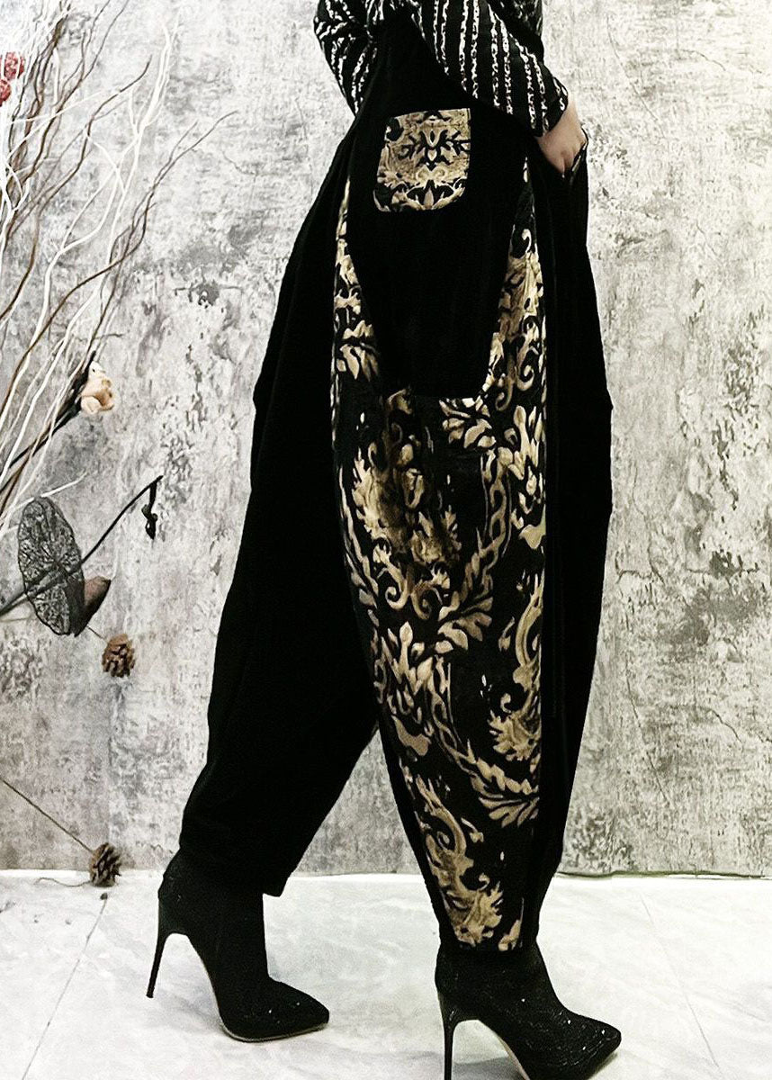 Black Embroideried Pockets Patchwork Corduroy Lantern Pants Spring