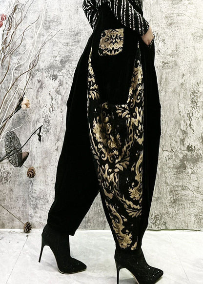 Black Embroideried Pockets Patchwork Corduroy Lantern Pants Spring