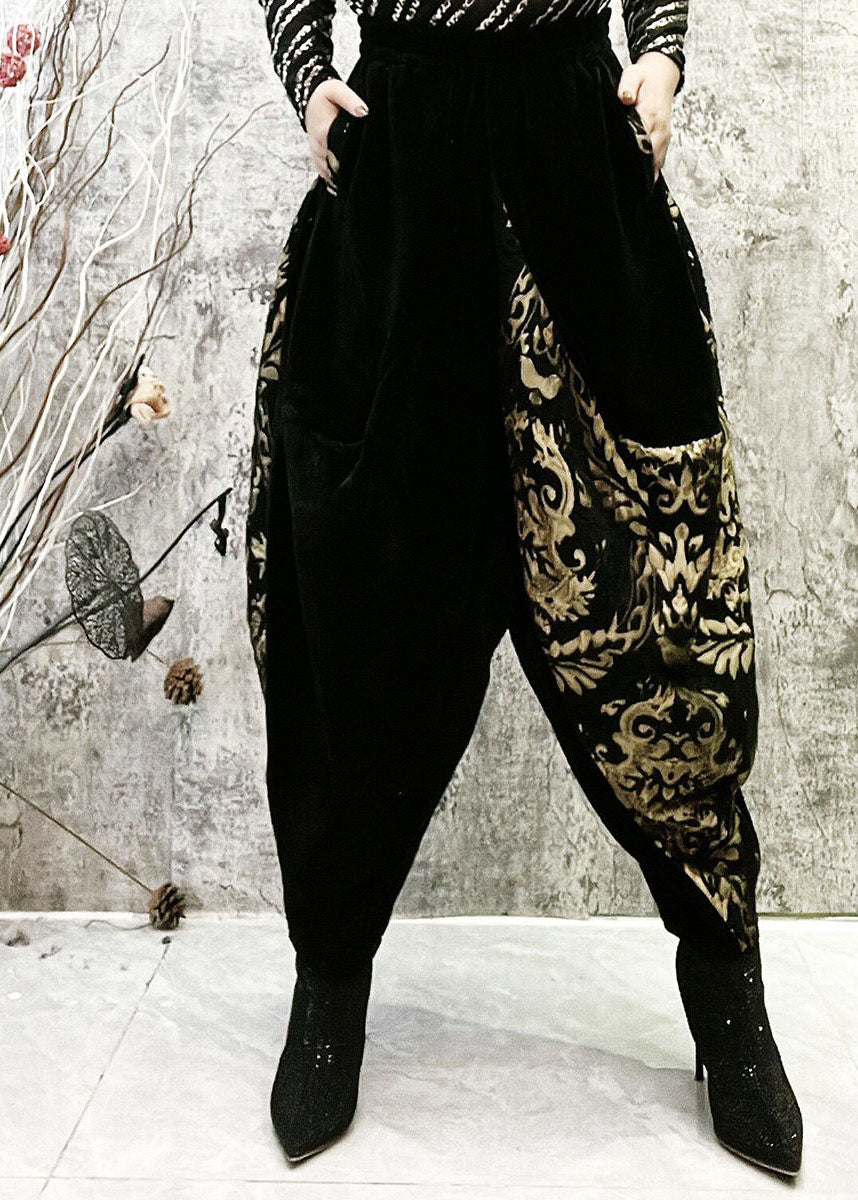 Black Embroideried Pockets Patchwork Corduroy Lantern Pants Spring