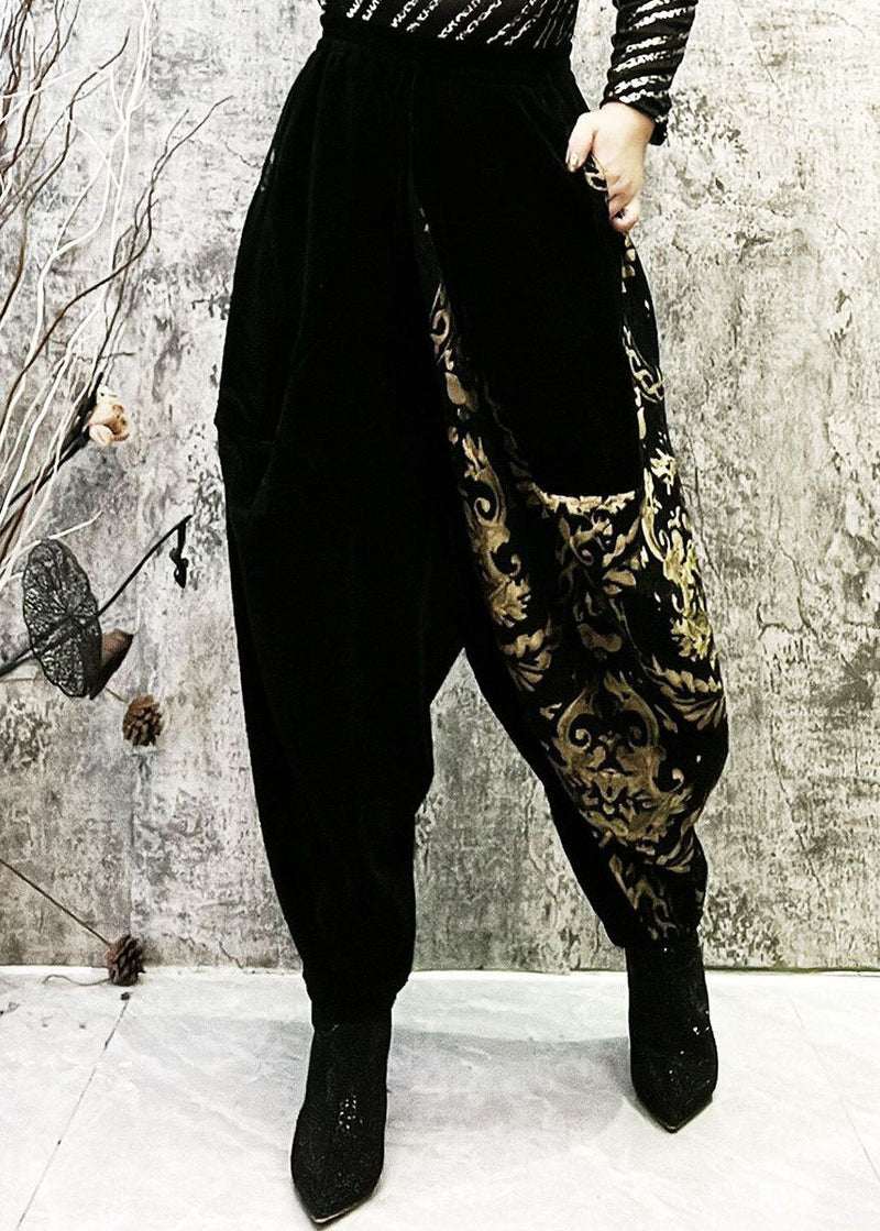 Black Embroideried Pockets Patchwork Corduroy Lantern Pants Spring