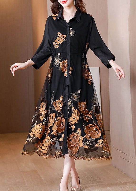 Black Embroideried Tie Waist Tulle Patchwork Shirts Long Dresses Fall