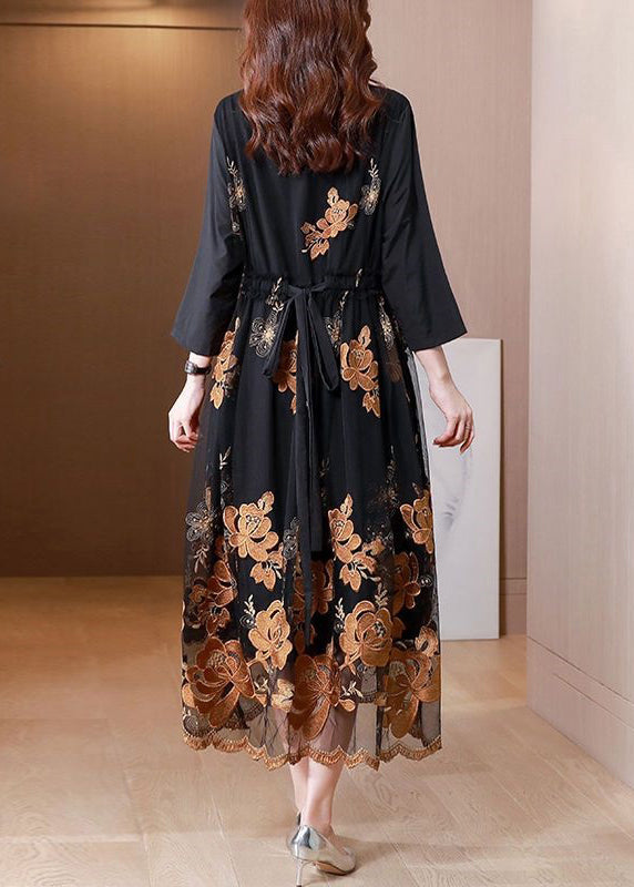 Black Embroideried Tie Waist Tulle Patchwork Shirts Long Dresses Fall
