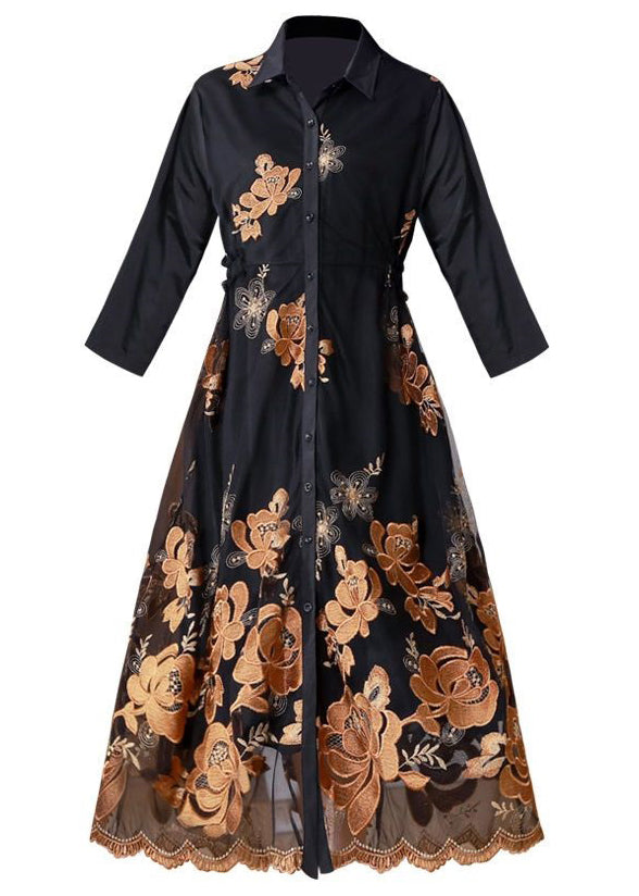 Black Embroideried Tie Waist Tulle Patchwork Shirts Long Dresses Fall