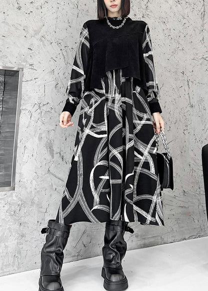 Black False Two Pieces Patchwork Cotton Dresses Spring