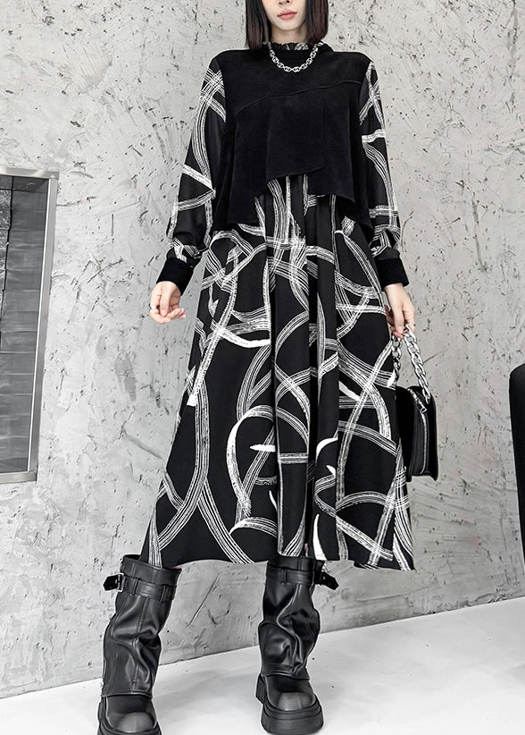 Black False Two Pieces Patchwork Cotton Dresses Spring