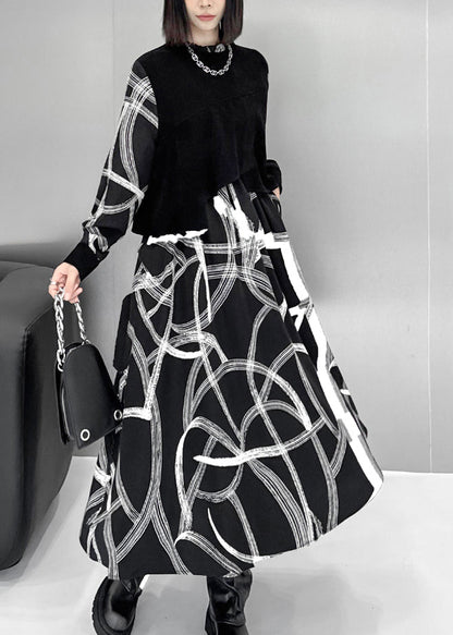 Black False Two Pieces Patchwork Cotton Dresses Spring