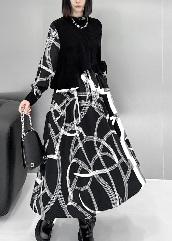 Black False Two Pieces Patchwork Cotton Dresses Spring