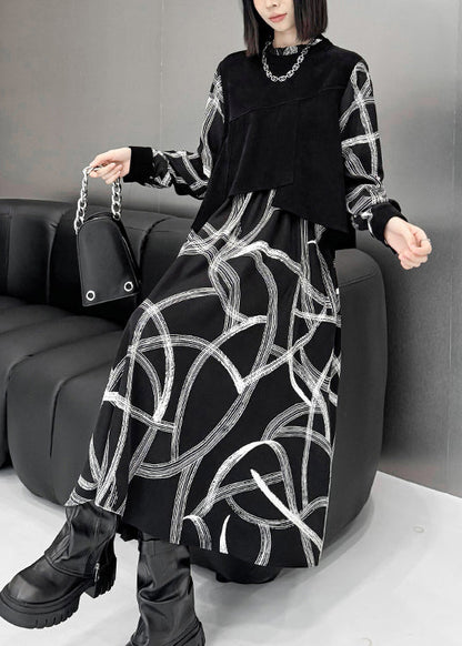 Black False Two Pieces Patchwork Cotton Dresses Spring
