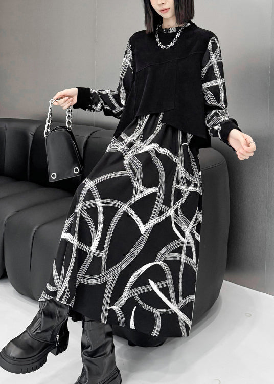 Black False Two Pieces Patchwork Cotton Dresses Spring