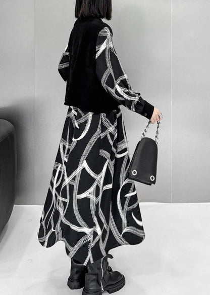 Black False Two Pieces Patchwork Cotton Dresses Spring