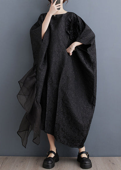 Black Tulle Patchwork Maxi Asymmetrical Dress Batwing Sleeve