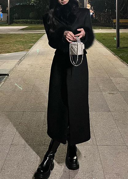 Black Fur Patchwork Woolen Fine Cotton Filled Coat Winter