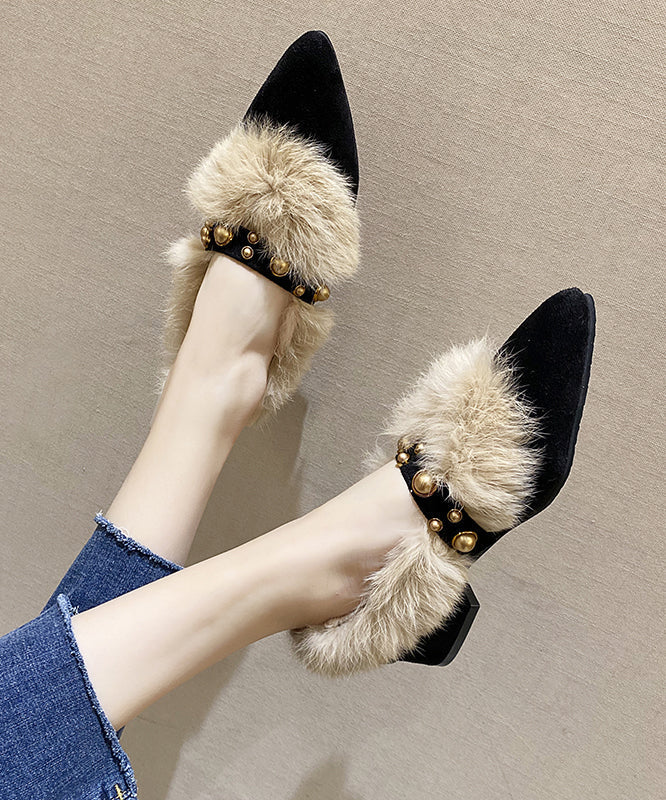 Black Fuzzy Wool Lined Chunky Suede Rivet Pointed Toe Penny Loafers