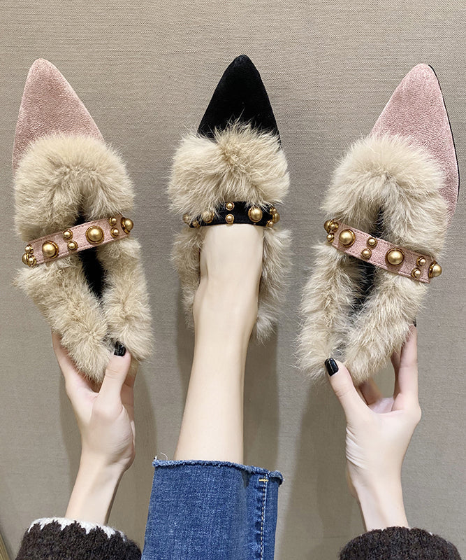 Black Fuzzy Wool Lined Chunky Suede Rivet Pointed Toe Penny Loafers