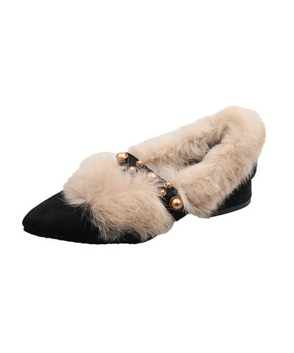 Black Fuzzy Wool Lined Chunky Suede Rivet Pointed Toe Penny Loafers