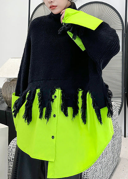 Black Green Hign Neck Asymmetrical Patchwork Knit Sweaters Spring