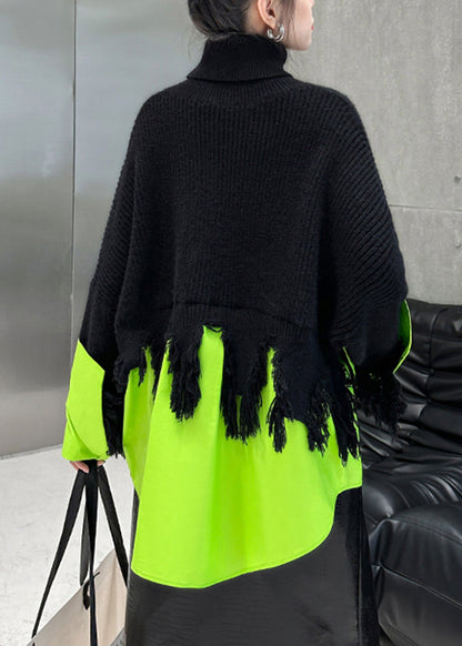 Black Green Hign Neck Asymmetrical Patchwork Knit Sweaters Spring