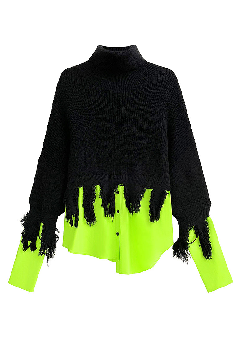 Black Green Hign Neck Asymmetrical Patchwork Knit Sweaters Spring