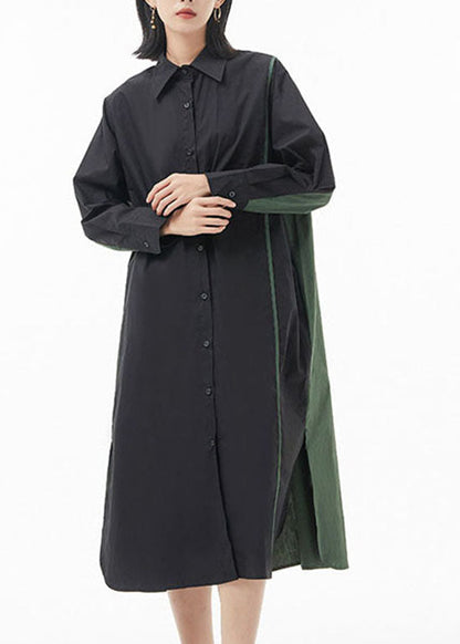 Black Green Peter Pan Collar Button Side Open Patchwork Shirt Dress Spring