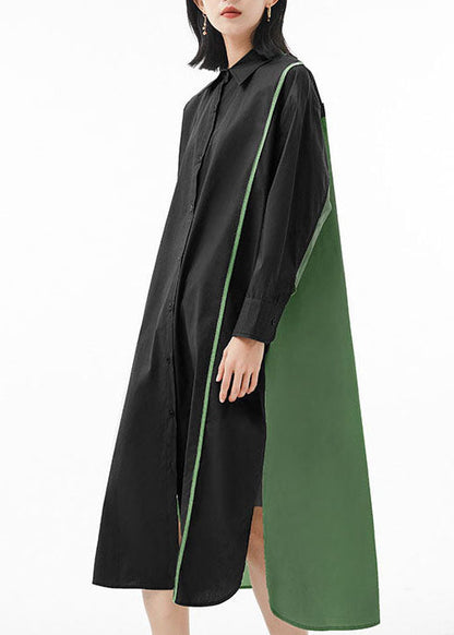 Black Green Peter Pan Collar Button Side Open Patchwork Shirt Dress Spring