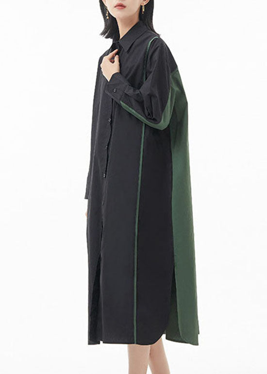 Black Green Peter Pan Collar Button Side Open Patchwork Shirt Dress Spring