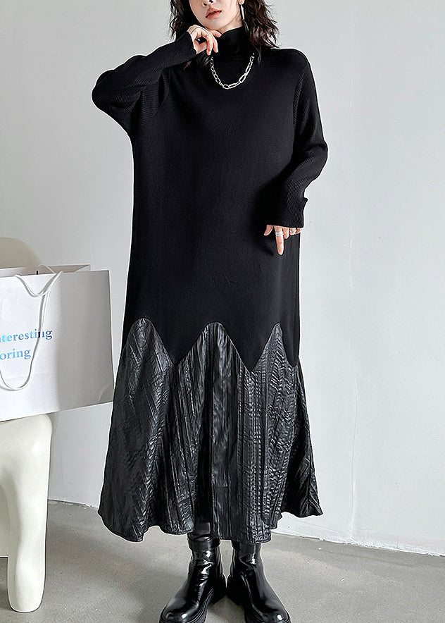 Black High Neck Patchwork Knit Long Dresses Spring