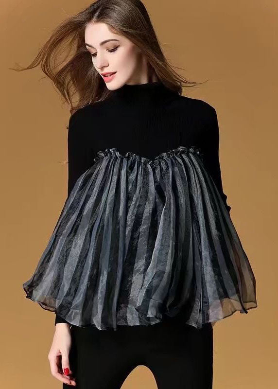 Black High Neck Tulle Patchwork Striped Knit Sweaters Spring