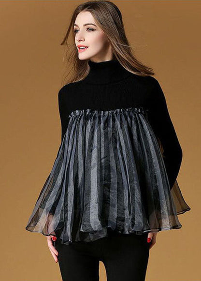 Black High Neck Tulle Patchwork Striped Knit Sweaters Spring