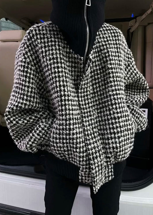 Black High Neck Zip Up Plaid Woolen Jacket Winter