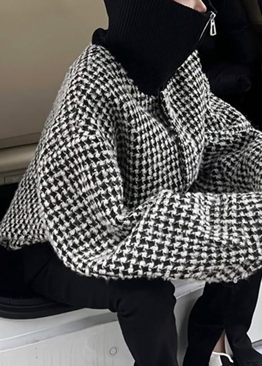 Black High Neck Zip Up Plaid Woolen Jacket Winter