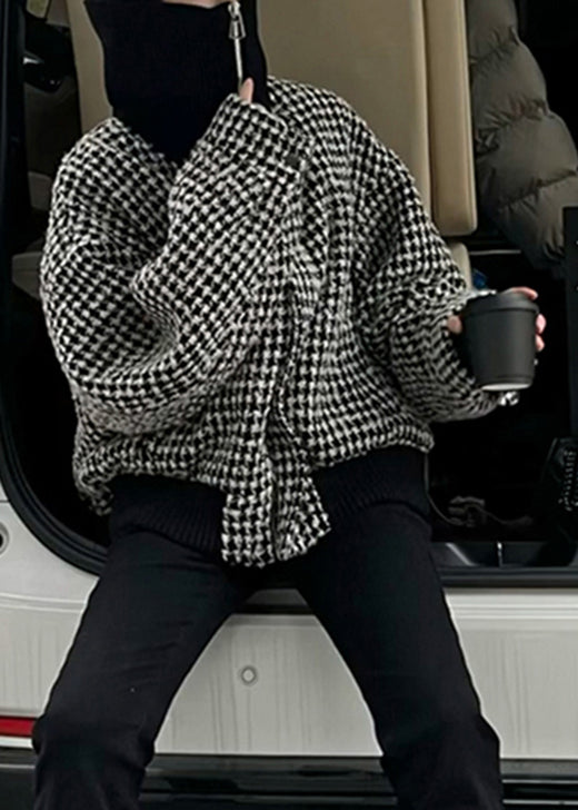 Black High Neck Zip Up Plaid Woolen Jacket Winter