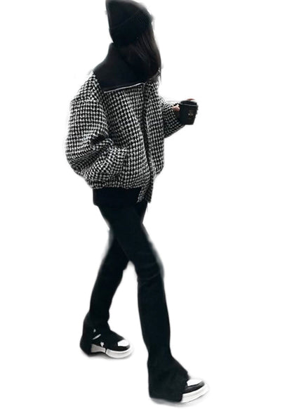 Black High Neck Zip Up Plaid Woolen Jacket Winter