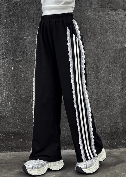Black High Waist Pockets Kids Wide Leg Pants Spring