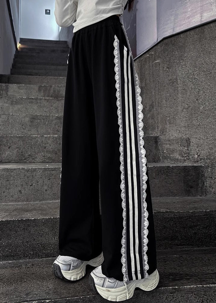 Black High Waist Pockets Kids Wide Leg Pants Spring