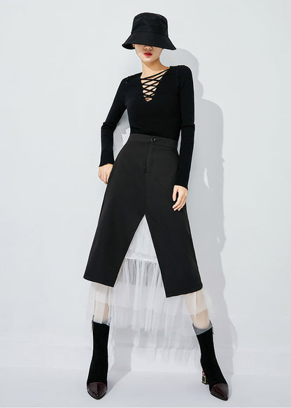 Black High Waist Tulle Patchwork Spandex Skirt Summer
