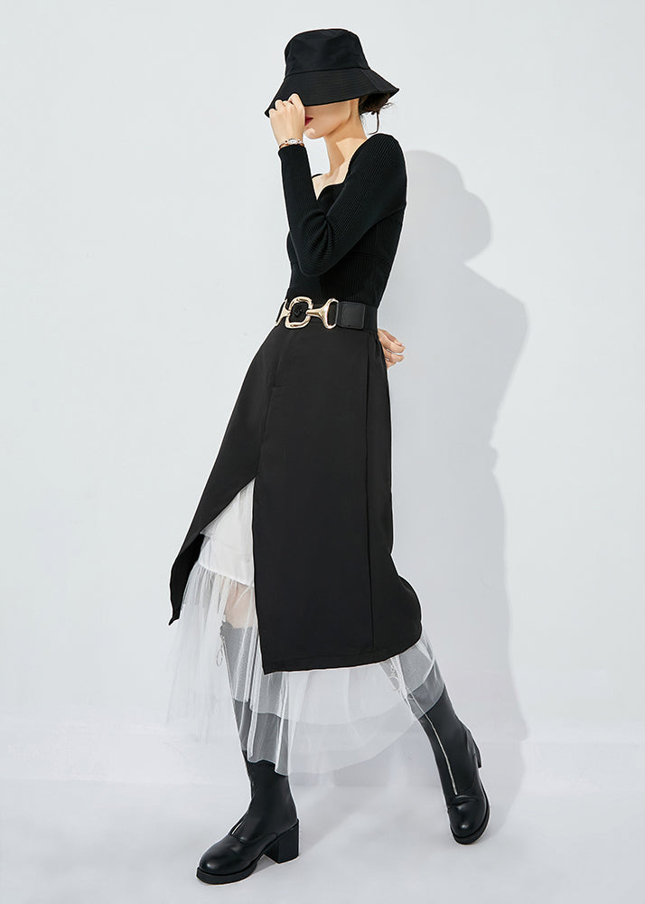 Black High Waist Tulle Patchwork Spandex Skirt Summer