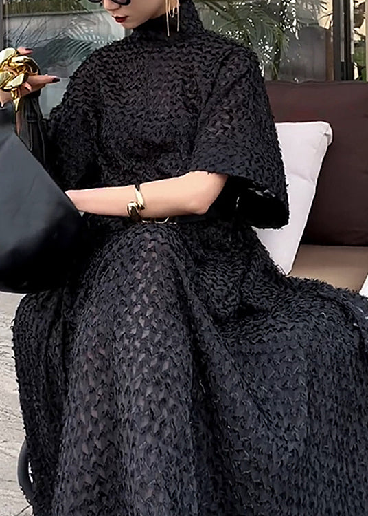 Black Hign Neck Tie Waist Cotton Dresses Spring