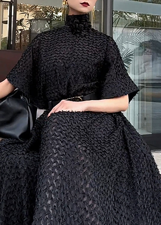 Black Hign Neck Tie Waist Cotton Dresses Spring