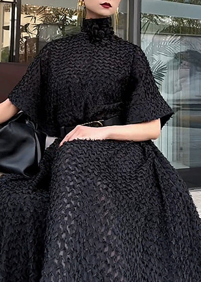Black Hign Neck Tie Waist Cotton Dresses Spring