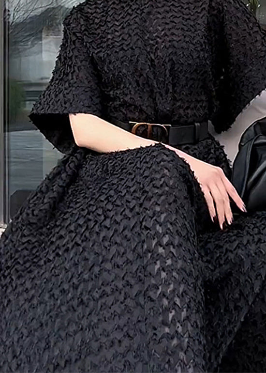 Black Hign Neck Tie Waist Cotton Dresses Spring