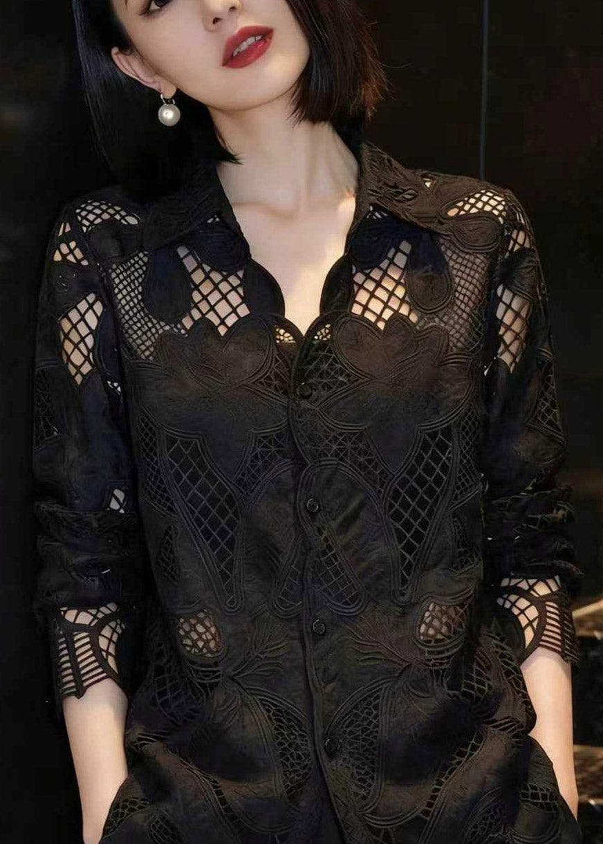 Fashion Black Hollow Out Lace Shirt Long Sleeve