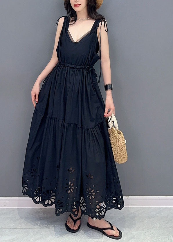 Black Hollow Out Lace Up Patchwork Cotton Dresses Sleeveless