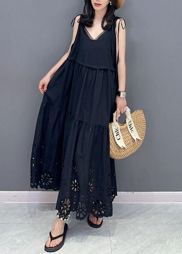 Black Hollow Out Lace Up Patchwork Cotton Dresses Sleeveless