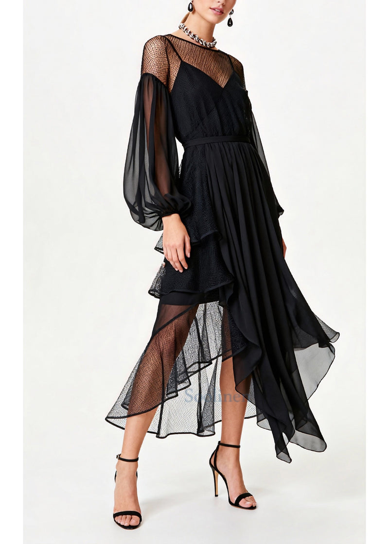 Black Hollow Out Patchwork Tulle Chiffon Party Dresses Summer