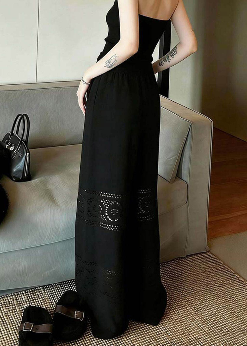 Black Hollow Out Wide Leg Pants Summer