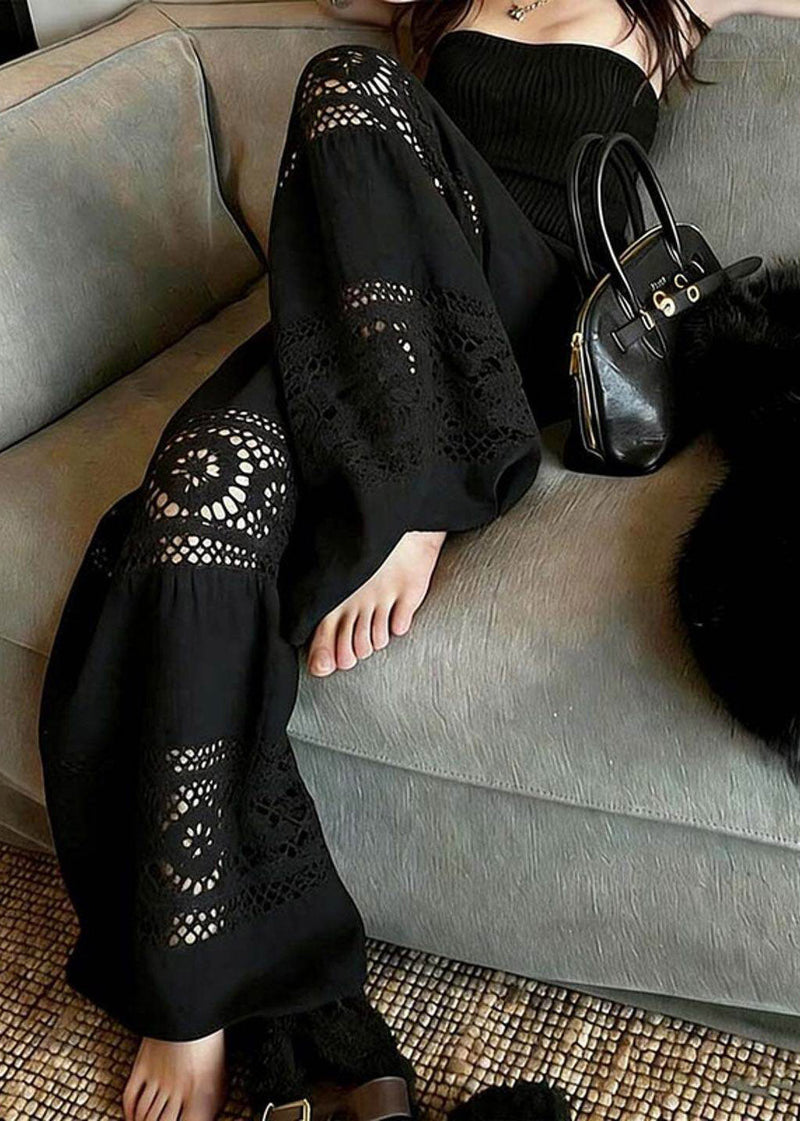 Black Hollow Out Wide Leg Pants Summer