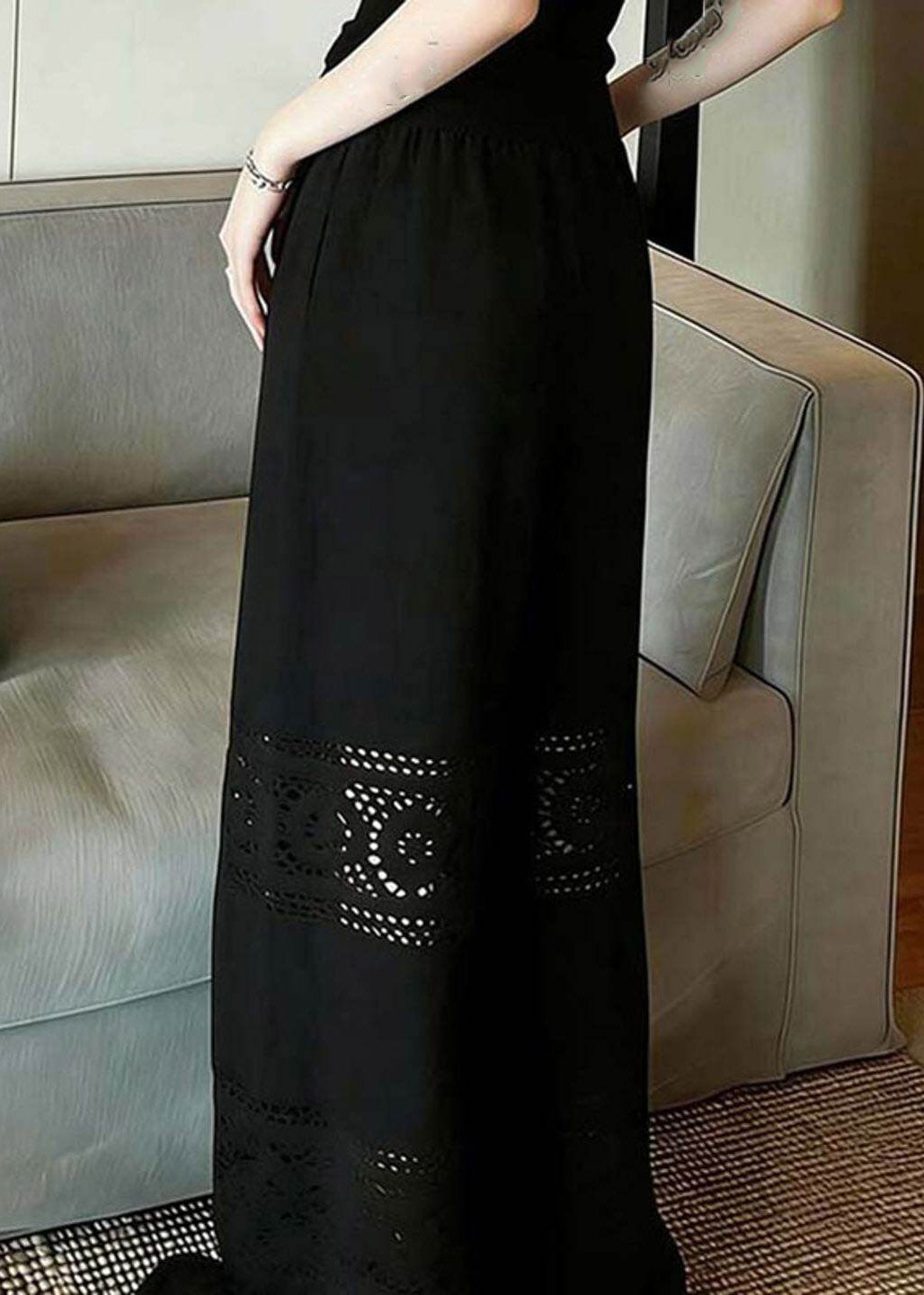Black Hollow Out Wide Leg Pants Summer