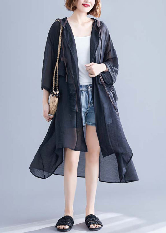 Black Hooded Cinched Ruffles Cotton Cardigan Summer