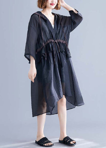 Black Hooded Cinched Ruffles Cotton Cardigan Summer